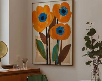 Bold Flower Wall Art Modern Abstract Botanical Art Retro Flower Print for Bright Maximalist Decor, Colorful Dopamine Interior 70s Style