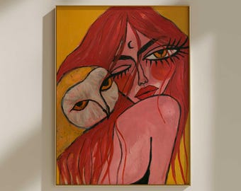 Maximalist Owl Wall Art, Woman Portrait Print, Expressionist Art, Modern Folk Art, Whimsigoth Decor