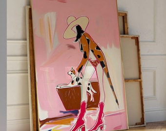 Woman and Cat Wall Art | Whimsical Fashion Illustration Print | Pink Figure Painting | Chic Modern Decor | Cat Lover Gift