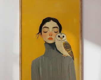Owl and Woman Wall Art Print | Mustard Yellow Portrait Poster | Whimsical Folk Art Print | Eclectic Room Decor | Bird Lover Gift