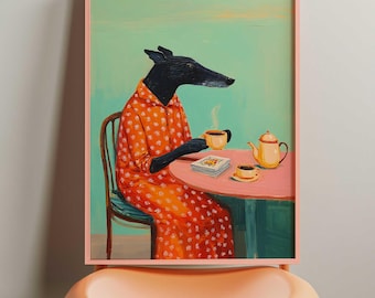 Colorful Modern Dog Art Whimsical Tea Time Wall Print Cozy Narrative Animal Artwork Cute Kitchen Decor Pet Wall Art Dopamine Wall Art