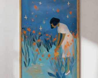 Blue Floral Wall Art Print | Woman in Garden Wall Art | Cottagecore Botanical Art | Orange Flower Print | Feminine Bedroom Decor