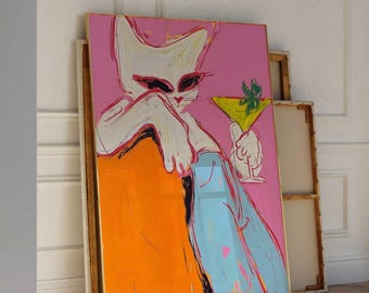 White Cat Martini Print, Pink Orange Bar Cart Wall Art, Funny Cocktail Cat Poster, Eclectic Kitchen Decor, Cat Lover Gift