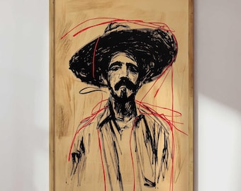 Western Cowboy Portrait Print, Rustic Ranch Wall Art, Vintage Cowboy Sketch Poster, Neutral Southwestern Decor