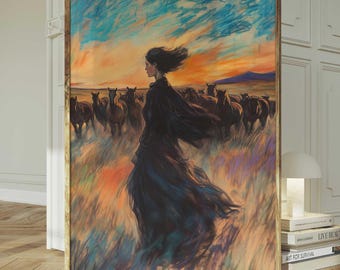 Cottagecore Woman Oil Painting | Surrounded by 30 Horses | Vintage Equestrian Art | Rustic Horse and Woman Wall Art | Nature-Inspired Decor