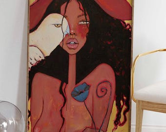 Woman and Falcon Wall Art, Fierce Feminine Whimsigoth Portrait, Red Maximalist Expressionist Print, Eclectic Home Decor