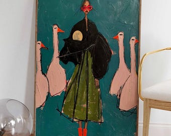 Woman and Geese Wall Art, Whimsical Folk Cottagecore Portrait, Teal Green Maximalist Expressionist Print, Living Room Wall Art