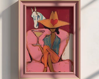 Cowgirl and Horse Wall Art Print | Pink Western Poster | Martini Cowgirl | Eclectic Maximalist Decor | Whimsical Woman Art