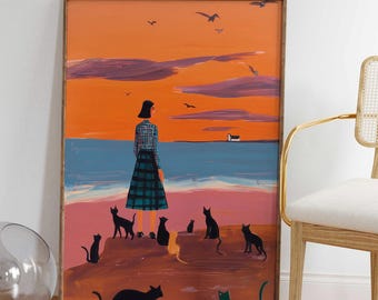 Woman With Cats At Sunset | Orange Ocean Wall Art | Cat Lover Print | Whimsical Figurative Art | Boho Living Room Decor