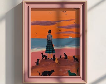 Woman With Cats At Sunset | Orange Ocean Wall Art | Cat Lover Print | Whimsical Figurative Art | Boho Living Room Decor