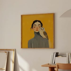 Owl and Woman Wall Art Print | Mustard Yellow Portrait Poster | Whimsical Folk Art Print | Eclectic Room Decor | Bird Lover Gift image 3