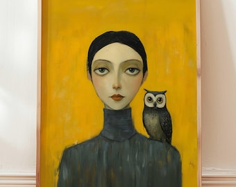 Gothic Modern Woman Portrait | Dark Academia Wall Art | Mysterious Owl Print | Moody Nordic Decor | Elegant Minimalist Aesthetic