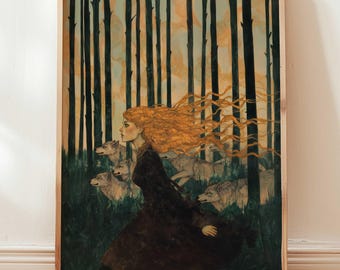 Wild Woman and Wolf Art Print | Sacred Feminine Wall Art | Divine Feminine Poster | Witchy Wolf Wall Decor | Nature Lover Gift