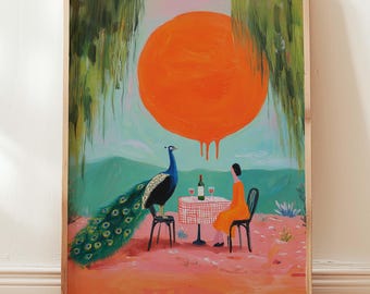 Peacock Wall Art | Colorful Animal Print | Orange Sun Bird Poster | Surreal Wall Decor | Maximalist Art Print | Modern Southwest Decor