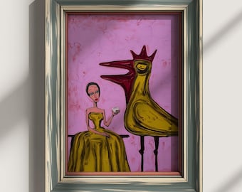 Woman with Royal Bird Art Print, Pink and Green Maximalist Decor, Quirky Surrealist Illustration, Chartreuse Dress Wall Decor