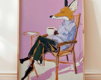 Fox Coffee Print, Fox Drinking Coffee Wall Art, Coffee Bar Decor, Whimsical Animal Poster, Eclectic Kitchen Art, Cafe Wall Decor