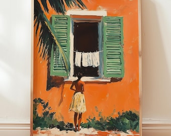 Tropical Boho Wall Art Print | Vintage Caribbean Home Decor | Colorful Retro Window Scene | Coastal Living Room Decor | Island Vibes Artwork