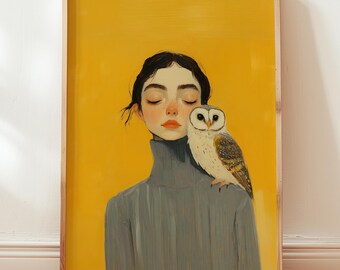 Owl and Woman Wall Art Print | Mustard Yellow Portrait Poster | Whimsical Folk Art Print | Eclectic Room Decor | Bird Lover Gift