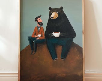 Man and Bear Tea Time Print, Whimsical Modern Animal Wall Art, Surrealist Coffee Scene