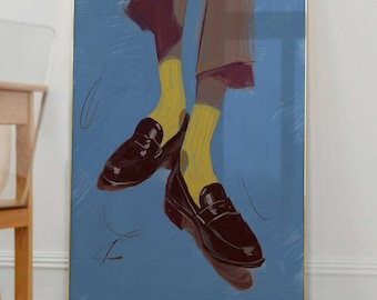 Loafer Print Wall Art | Blue Fashion Print | Yellow Socks Artwork | Preppy Shoe Poster | Colorful Modern Gallery Wall Decor