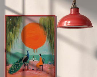 Peacock Wall Art | Colorful Animal Print | Orange Sun Bird Poster | Surreal Wall Decor | Maximalist Art Print | Modern Southwest Decor