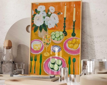 Arte de cocina moderno y colorido, lámina de naturaleza muerta divertida, pintura de mesa de comedor de estilo ingenuo, decoración del hogar llamativa, ilustración de comida vibrante
