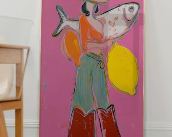 Cowgirl Fish Art Print, Pink Kitchen Wall Decor, Lemon Poster, Coastal Western Wall Art, Whimsical Seafood Gallery Print