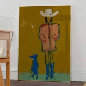 Cowgirl and Blue Dog Print | Modern Western Wall Art | Whimsical Cowboy Wall Art | Colourful Figurative Art | Pink Coat Ranch Decor
