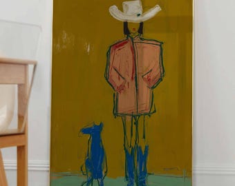 Cowgirl and Blue Dog Print | Modern Western Wall Art | Whimsical Cowboy Wall Art | Colourful Figurative Art | Pink Coat Ranch Decor