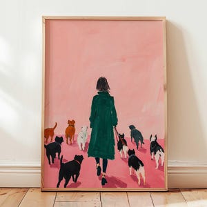 Dog Walker Art Print | Modern Abstract Dog Lover Wall Art | Pink Minimalist Pet Illustration | Vibrant Animal Decor for Dog Lovers Wall Art