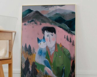 Man With Cat Art Print | Folk Art Portrait | Pink Mountain Wall Art | Whimsical Cat Lover Gift | Expressive Figure Print | Cozy Home Decor