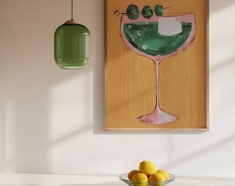 Dirty Martini Print, Green and Pink Cocktail Wall Art for Kitchen or Home Bar