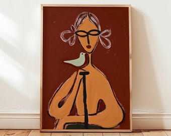 Woman with Bird Wall Art Print | Folk Art Portrait | Terracotta Eclectic Decor | Whimsical Figure Poster | Maximalist Wall Art