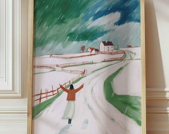 Snowy Landscape Art Print, Naive Winter Wall Art
