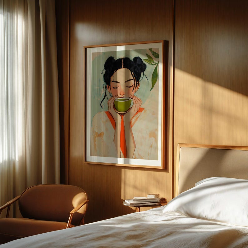 Arte de pared con una chica que bebe matcha, impresión de matcha latte, póster para amantes del matcha, cafetería japonesa, decoración de carrito de bar, arte de pared de cocina, arte de bebida retro imagen 6