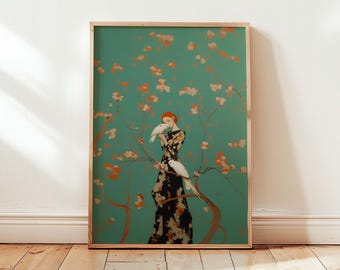 Kakadu Kunstdruck, Moderne Bunte Tier Wandkunst, Frau und Kakadu Illustration, Lebendiges Zeitgenössisches Dekor, Eklektische Vogel Illustration