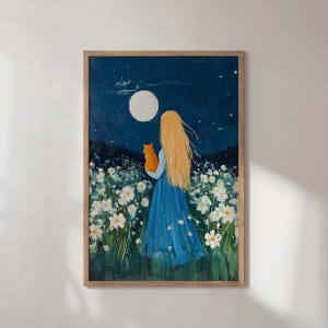 Gemütliches Haustier-Liebhaber-Wand-Kunst-Katzen-Mama-Geschenk Moderne Tierkunst-Druck-Mädchen-Katze unter Mond-Kunst-Druck Mondlicht-Wand-Kunst-Nachthimmelmalerei-Katzen-Kunst
