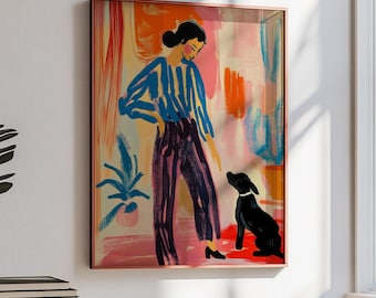 Feminine Vibrant Wall Art | Maximalist Home Decor | Preppy & Eclectic Retro Art Print | Colorful Abstract Poster | Girl and Dog Art