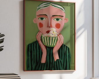 Girl With Ice Cream Print | Green Portrait Wall Art | Playful Figurative Poster | Colorful Modern Decor