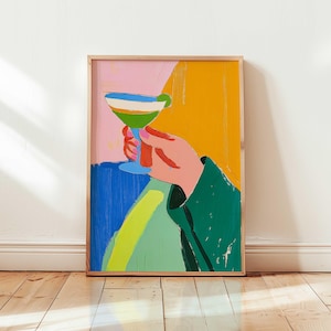 カクテル グアッシュ ペインティング | カラフルなドリンク アート プリント | モダンなバーの壁飾り | トレンディな壁飾り バー カート デコレーション カクテル ポスター レトロ