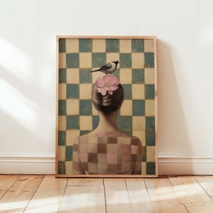 Surreal Portrait Art Print Modern Figurative Wall Art Woman with Bird and Flower Painting Checkered Psychedelic Wall Art Dreamy Fine Art