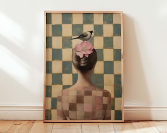 Surreales Portrait Kunstdruck Moderne Figurative Wandkunst Frau mit Vogel und Blumen Gemälde Karierte Psychedelische Wandkunst Verträumte Kunst