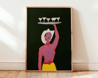 Martini Cowgirl Wand Kunst | Spielerische Western Frau Kunstwerk | Bunter Cocktail Kunstdruck | Moderne Cowgirl Wand Kunst | Mutige Statement Wandkunst