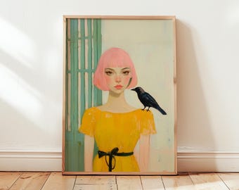 Chica cuervo moderna, chica surrealista con cuervo, arte mural, impresión de retrato simbolista, ilustración de pájaro moderno, obra de arte expresionista melancólica, gótico suave