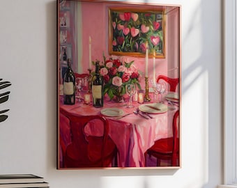 Red Wall Art, Maximalist Kitchen Art, Dopamine Decor, Vibrant Dining Room Print, Eclectic Food & Wine Poster, Retro Dinner Party Art
