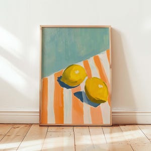 May include: Two yellow lemons on a striped orange and white background. The lemons are painted in a realistic style, with a soft, muted color palette.