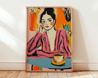 May include: A painting of a woman with dark hair and pink cheeks, wearing a pink and white striped shirt, sitting at a table with a cup of coffee. The background is a colorful abstract design.