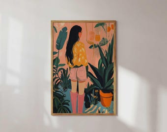 Stampa artistica botanica stravagante / Arte murale moderna colorata / Illustrazione di una ragazza nella natura / Decorazione estetica tropicale / Poster femminile della giungla