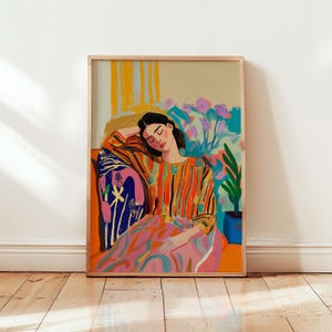 Arte mural femenino vibrante / Arte retro de mujer durmiendo / Decoración de pared femenina vintage / Póster inspirado en los años 70 / Arte relajante para dormir