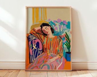 Feminine Vibrant Wall Art | Retro Lady Sleeping Art | Vintage Feminine Wall Decor | Bold 70s-Inspired Poster | Relaxing Sleep Artwork